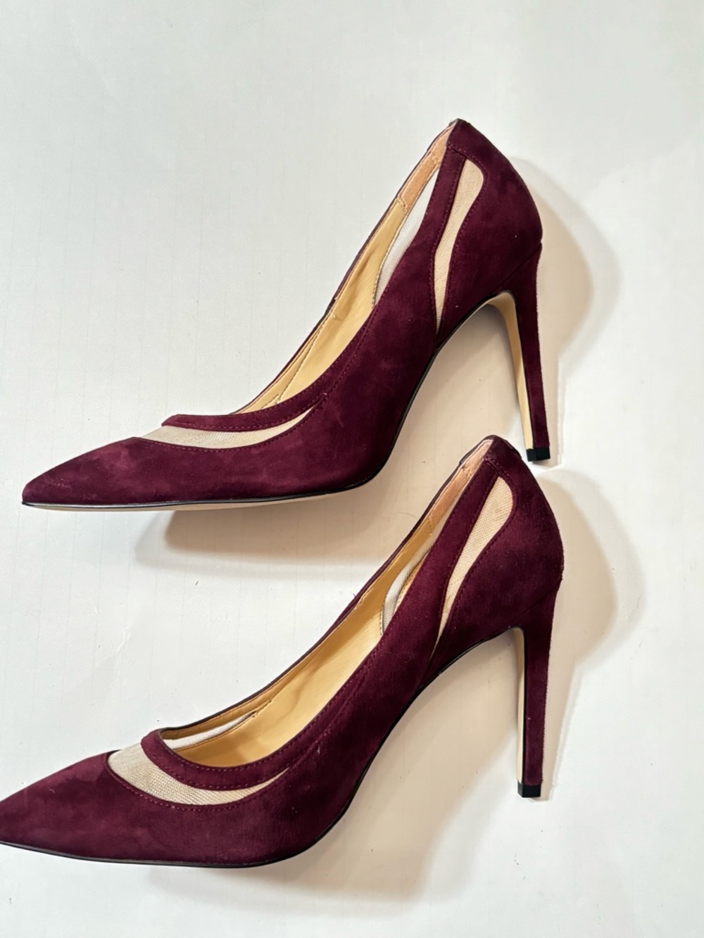 Sam Edelman Burgundy Suede Pointed-Toe Mesh-Inset Pumps - Picture 13 of 15
